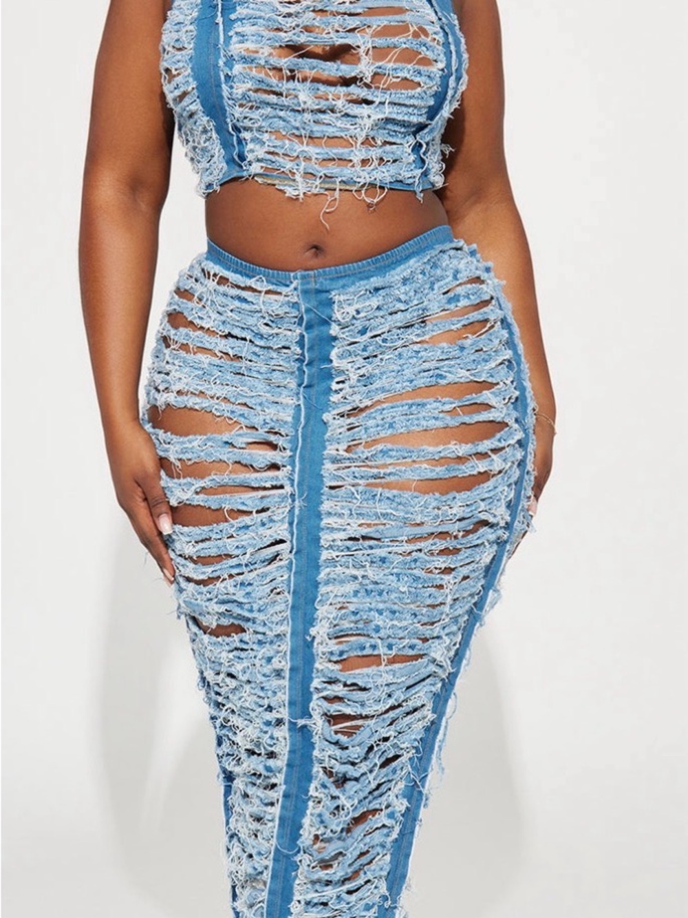 Fashion Nova Light Blue Ripped Denim Two-Piece Skirt Set